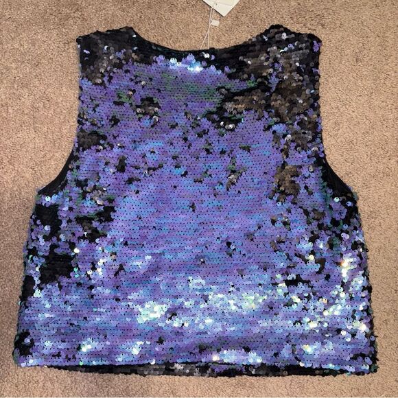 LUCY PARIS NWT Reversible Sequin Crop Tank Blue Black MEDIUM - Picture 2 of 4